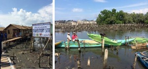 (Left Photo) The Buggoc Transitory Site is now a community of 54 families. (Right Photo) Fishermen from Buggoc Transitory Site are seen fixing their boats, ready to go out to sea and resume their livelihood.