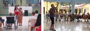 (Left Photo) A DSWD Central Office staff interviews a resident of the Golden Reception and Action Center for the Elderlies and Other Special Cases (GRACES) during the 'Dalaw Kalinga,' held recently as part of the Elderly Filipino Week celebration on October 1-7. (Right Photo) An elderly resident of GRACES renders a song number during the program held at the center in connection with the Elderly Filipino Week celebration.
