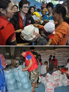 Above photo shows DSWD Field Office I distributing food packs inside an evacuation center in Aringay, La Union while (below photo) employees and volunteers continue repacking goods ready for distribution to affected families as needed.