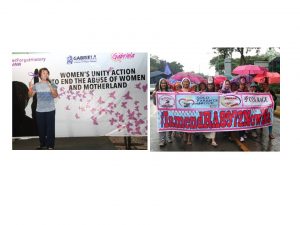 The Department of Social Welfare and Development (DSWD) Assistant Secretary Hope V. Hervilla (left photo) giving a message to the women as she encouraged them to continue strengthening the sector amidst the increasing incidence of women abuse during the Kick-Off activity for the 18-Day Campaign to End Violence held at Quezon City Memorial Circle. DSWD employees and members of the Solo Parents Federation (right) join the solidarity walk to end violence against women as they also advocate for the amendment of the Solo Parents’ Welfare Act.