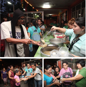 Staff members from the Department of Social Welfare and Development-National Capital Region (DSWD-NCR) hand out rice porridge and bottled water to street dwellers residing in Barangay 721, Malate, Manila. 