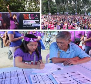 Photo 1 (Upper left): DSWD Secretary Judy M. Taguiwalo gives a speech and raises her arm in support of the One BIllion Rising's call to end women abuse and exploitation. Photo 2 (Upper right): Participants consisting of different women's group, students, and employees from concerned national government agencies (NGAs) dance the One Billion Rising dance. Photo 3: A social worker interviews a client during the conduct of the DSWD's information caravan at the One Billion Rising culminating activity.