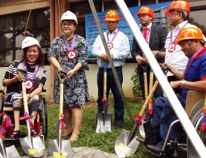 (From left to right) NCDA Director Carmen R. Zubiaga,   DSWD Undersecretary Maria Lourdes Turalde-Jarabe, DPWH Assistant Secretary Eugenio Pipo Jr.,  DOJ Undersecretary Deo Marco, DICT Director Nestor Bengato, and Mr. Arnold De Guzman of Quezon City Persons with Disability Affairs Office during the groundbreaking ceremony for the Disability Resource and Development Center (DRDC).     