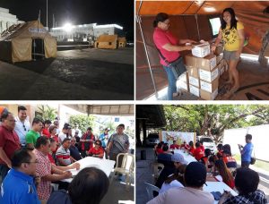 Photo 1: Tents provided by DSWD are set up at the Mabini Municipal Hall, where residents in the town stay at night for fear of aftershocks. Photo 2: A staff from the local government unit of Mabini receives the ready-to-eat food provided by the DSWD for distribution to families affected the earthquake. Photo 3: (From left) DSWD Assistant Secretary for Special Concerns, Anton V. Hernandez and DSWD Undersecretary for Protective Programs, Hope V. Hervilla conduct a press briefing together with the DOST Undersecretary Renato U. Solidum Jr. and local executives and officials from the Provincial Disaster Risk Reduction and Management Office (PDRRMO) of Batangas on the cause of the recent strong earthquake and what the public needs to do to prepare for possible aftershocks. Photo 4: Batangas local officials led by Governor Hermilando Mandanas hold a meeting to discuss the responses undertaken by the DSWD, NDRRMC, Office of the Civil Defense, the local Red Cross to respond to the needs of the families affected by the 6.0-magnitude earthquake that hit the province on April 8.