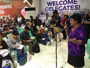 DSWD Secretary Judy Taguiwalo gives a short welcome message for the 150 overseas Filipinos who arrived today at the NAIA from Saudi Arabia.