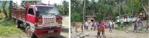 Photo 1: A truck carrying the horses provided by Department of Social Welfare and Development (DSWD) Field Office in Region XII to poor B'laan households under its Modified Conditional Cash Transfer (MCCT) Program arrives at the mountain village of Daan Suyan in Malapatan, Sarangani Province.  Photo 2: The MCCT beneficiaries line up during the distribution of the horses, conducted by the staff of DSWD FO XII.