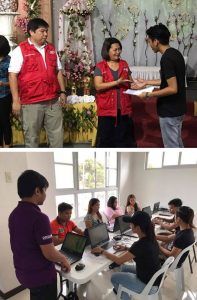 Photo 1: DSWD Undersecretary for Operations and Protective Programs Hope V. Hervilla and Disaster Response Assistance and Management Bureau (DReAMB) Director Felino O. Castro V awards the Certificates of Recognition to the volunteers who helped encode thousands of Disaster Assistance Family Access Card (DAFAC) entries. Photo 2: A data manager from the Disaster Response Assistance and Management Bureau (DReAMB) guides the volunteers in encoding the entries of DAFAC.