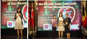 Photo 1: Taguig City 2nd District Representative Pia Cayetano delivers her keynote speech at the 14th Philippine Global Consultation on Child Welfare Services.  Photo 2: Department of Social Welfare and Development (DSWD) Undersecretary for Special Concerns Virginia Orogo (left) and Inter-Country Adoption Board (ICAB) Board Member Atty. Maria Gabriela Concepcion (right) present a token of appreciation for Rep. Cayetano after her speech.