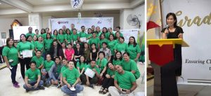 (Left) The 52 houseparents who completed the Advanced Training Program on House Parenting pose with DSWD Protective Services Bureau and NCR, ACTION and JICA representatives.   (Right) Etsuko Masuko from JICA Philippines lauds the houseparents who completed the advanced training program. 
