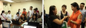 Left photo shows a social worker assisting Seychelle Villanueva in using the online application. Right photo shows DSWD Secretary Virginia N. Orogo (right) shakes the hand of Seychelle Villanueva as she receives the travel clearance for her child who is traveling abroad after 40 minutes of processing using the online application. DSWD Undersecretary Mae Fe Ancheta-Templa looks on.