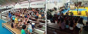 With the help of the Department of Social Welfare and Development's (DSWD) organization partner, the Youth for Peace, young evacuees staying in the Provincial Capitol of Mamburao, Occidental Mindoro are encouraged to participate in spiritual and moral orientation, film viewing, parlor games, and gift giving activities to help them overcome the struggle of being displaced due to the continuing inclement weather brought by the "Habagat."
