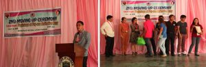 (Left Photo) DSWD Assistant Secretary for Special Concerns Jose Antonio Hernandez graces the Second Moving Up Ceremony of drug surrenderees who underwent a six-month drug rehabilitation program at Lucban, Quezon's Pagbabago at Pag-asa Reflection Camp. Asec. Hernandez encouraged the surrenderees to continue to tread the path to change.  (Right Photo)  DSWD Field Office IV-A Assistant Regional Director for Administration Milah S. Gatchalian shakes the hand of one of the 'campers' who finished the first phase of the drug rehabilitation program provided by the local government of Lucban, Quezon. With her are the town's local executives and partners in the provision of various interventions to drug surrenderees.  