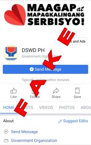 A screenshot of the fake Facebook account bearing the name of the Department of Social Welfare and Development (DSWD). The DSWD advises the public not to make any transaction or social media engagement with this fraud account.