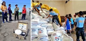 Photo 1: Members of the Department of Social Welfare and Development (DSWD) Disaster Response Management Bureau (DRMB) checks the status of connectivity of the installed Broadband Global Area Network (BGAN) in Batanes in preparation for Typhoon 'Ompong.' Photo 2: Philippine National Police (PNP) personnel assist in the delivery of the sacks of National Food Authority (NFA) rice in Basco, Batanes.