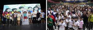 (Left photo) DSWD, CWC, NYC officials, together with partner agencies and NGOs, unveil the 3rd National Plan of Action for Children.   (Right Photo) Children-participants and representatives from government agencies and non-government organizations blow their whistles and do the 'stop hand gesture' as the finale for the kick-off celebration ushering in the National Children’s Month celebration.