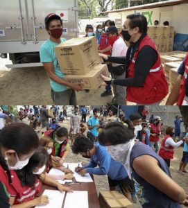 Stranded construction workers in the University of the Philippines (UP) Diliman receive hygiene kits and family food packs from the Department of Social Welfare and Development (DSWD). 