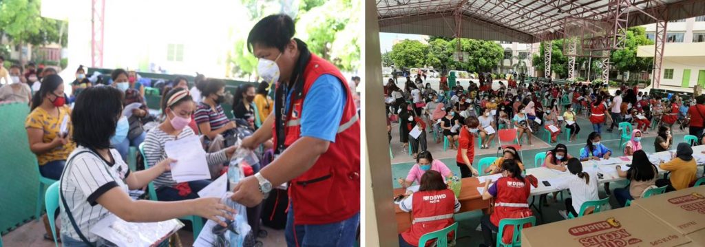 (Left Photo) A staff from the Department of Social Welfare and Development (DSWD) distributes hygiene kits to strandees at the Villamor Airbase Elementary School.   (Right Photo) Crisis Intervention Unit team, composed of 30 social workers, facilitates the provision of  Assistance to Individuals in Crisis Situation (AICS)  to locally stranded individuals at Villamor Airbase Elementary School.