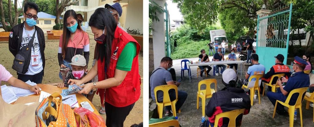 Left Photo: A staff of DSWD Field Office V distributes financial assistance to families affected by the tremor that hit several towns in Masbate. Despite the emergency situation, beneficiaries followed the minimum health protocol by wearing their face masks and maintained social distancing while waiting for their turn to receive their cash assistance. Right Photo: Members of the DSWD Field Office V disaster team join a Municipal Disaster Risk Reduction and Management Council meeting.