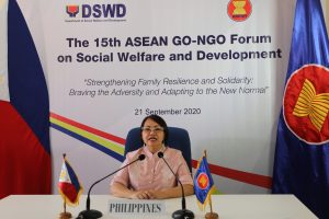 Department of Social Welfare and Development (DSWD) Assistant Secretary Joseline Niwane, Philippine ASEAN Senior Officials Meeting on Social Welfare and Development (SOMSWD) leader, addresses the attendees of virtual meeting of the 15th ASEAN GO-NGO Forum last September 21.
