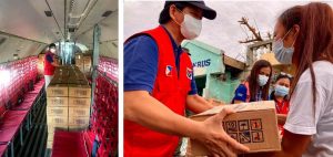 (Left Photo) Department of Social Welfare and Development (DSWD) Secretary Rolando Joselito D. Bautista inspects the boxes of family food packs for families affected by Typhoon Rolly in Catanduanes. (Right Photo) DSWD Secretary Rolando Joselito D. Bautista hands over a family food pack to a resident of Barangay Francia, Virac, Catanduanes.