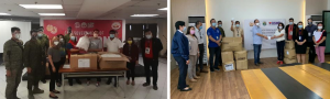  Department of Social Welfare and Development Undersecretary Rene Glen Paje (middle, left photo), together with members of the Task Group Face Mask, hands over boxes of reusable face masks to Malabon City on January 22. A similar turnover was also held in Marikina City on January 19 (right photo).