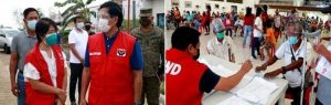 (Left photo) DSWD Secretary Rolando Bautista (right) confers  with DSWD-Field Office 1 Regional Director Marie Angela Gopalan and former Alaminos City Mayor Arthur Celeste (in gray shirt, partly hidden),  as they tour the Core Shelter Assistance Program (CSAP) Village at Barangay Lucap, Alaminos City.   (Right photo). A DSWD social worker distributes cash assistance to senior citizens.