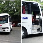 Left Photo: Two new service bus units of the Department of Social Welfare and Development will be used to ferry Central Office personnel to ease their commute as transportation continues to be a challenge because of the ongoing COVID-19 pandemic. Right Photo: DSWD Secretary Rolando Joselito D. Bautista attends the blessing of the two new bus units of the Department.