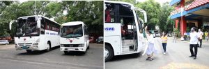 Left Photo: Two new service bus units of the Department of Social Welfare and Development will be used to ferry Central Office personnel to ease their commute as transportation continues to be a challenge because of the ongoing COVID-19 pandemic.   Right Photo:  DSWD Secretary Rolando Joselito D. Bautista attends the blessing of the two new bus units of the Department.