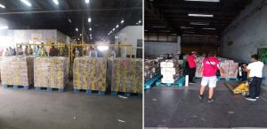 DSWD-National Resource and Logistics Management Bureau personnel loads the family food packs at the Cebu Pacific Cargo Warehouse in Manila. 