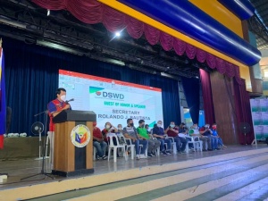 Department of Social Welfare and Development (DSWD) Secretary Rolando Joselito D. Bautista delivers his speech at the Integrated Sustainable Assistance Recovery and Advancement Program (ISARAP) convergence caravan in Bago City, Negros Occidental.
