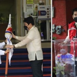 Outgoing Secretary Rolando Joselito D. Bautista turns over the flag of the Department of Social Welfare and Development (DSWD) to incoming Secretary Erwin T. Tulfo symbolizing the handover of the Department's leadership. Right photo shows DSWD Secretary Erwin T. Tulfo wearing the DSWD red vest as he gives his first address to the employees.