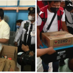 Left photo Department of Social Welfare and Development (DSWD) Secretary Erwin T. Tulfo discussing the contents of the family food pack with Director Emmanuel Privado during his visit to the National Resource Operations Center(NROC). Right photo shows Secretary Tulfo talking to one of the fire vcitms who received DSWD assistance.