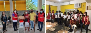 (Left) Stranded workers receive family food packs and other relief items from the DSWD FO VI;  (Right) The stranded individuals pose as they receive cash assistance from FO CALABARZON