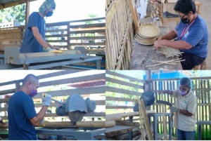 Members of the Talisayan Municipal Federation of Persons with Disability showcase their skills in doing bamboo crafts and bilao.