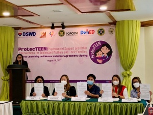 Representatives from the Department of Social Welfare and Development along with the concerned local chief executives in the pilot areas, and other partner agencies at the local level sign the Memorandum of Agreement and Pledge of Commitment for the implementation of the Project ProtecTEEN on August 10 in Malaybalay, Bukidnon.