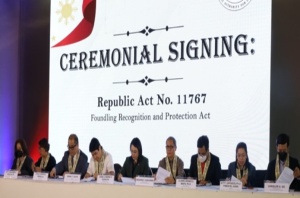 Department of Social Welfare and Development (DSWD) Secretary Erwin T. Tulfo (4th from left), National Authority for Child Care (NACC) Executive Director, Undersecretary Janella Estrada (center), and representatives from various national government agencies sign the Implementing Rules and Regulations (IRR) of Republic Act (RA) No. 11767 or the “Foundling Recognition and Protection Act.” 