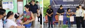 (Left photo) First Lady Louise Araneta-Marcos and Department of Social Welfare and Development (DSWD) Secretary Erwin T. Tulfo meet the children residents of one of the cottages at the Elsie Gaches Village, a residential facility managed by the Department. (Right photo) The First Lady giving her gift to one of the residents of EGV with (from left) Muntinlupa City Mayor Ruffy Biazon; Secretary Tulfo; Benguet Lone District Representative Eric Yap; and an EGV staff.