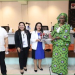 Department of Social Welfare and Development Assistant Secretary Janet Armas (3rd from left) presents a simple token to United Nations Special Rapporteur Mama Fatima Singhateh (2nd from right) during the UN officials visit to the Agency on November 28. Also in photo are (from left to right) Council for the Welfare of Children Executive Director, Undersecretary Angelo Tapales; DSWD Assistant Secretary Elaine Fallarcuna; and Department of Foreign Affairs - United Nations and International Organization Acting Deputy Assistant Secretary Jesus Enrique Garcia II.