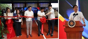 Left photo shows President Ferdinand R. Marcos Jr. (4th from left), assisted by the Second Gentleman Atty. Manases Reyes Carpio (3rd from left) and Officer-in-charge Eduardo Punay (right), leads the ribbon cutting during the inauguration ceremony on Tuesday, January 31, of the newly constructed multipurpose facility of the Department of Social Welfare and Development (DSWD) as part of the Department's 72nd founding anniversary. Also in photo are KALINGA Partylist 1st nominee Irene Gay F. Saulog (left), DSWD Undersecretary Sally P. Navarro (2nd from left). Right photo shows the President as he delivers his anniversary message for the Department.