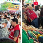 (Left) President Ferdinand R. Marcos Jr, joined by DSWD Undersecretary Eduardo Punay, greets participating sellers during the launching of the Kadiwa ng Pangulo on February 27, 2023. (Right) Undersecretary Punay checks the products of Sustainable Livelihood Program Associations (SLPAs).