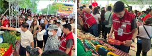 (Left) President Ferdinand R. Marcos Jr,  joined by DSWD Undersecretary Eduardo Punay, greets participating sellers during the launching of the Kadiwa ng Pangulo on February 27, 2023.  (Right) Undersecretary Punay checks the products of Sustainable Livelihood Program Associations (SLPAs). 