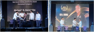 (Left photo) (From left to right) Department of Social Welfare and Development (DSWD) Secretary Rex Gatchalian, together with Development Academy of the Philippines (DAP) President Atty. Engelbert Caronan Jr., Civil Service Commission Chairperson Karlo Alexei Nograles, and Undersecretary for Special Concerns Alan Tanjusay, greets the awardee of the Best Social Worker, Community-Based during the Programs on Awards and Incentives for Service Excellence (PRAISE) Awarding Ceremony on April 19.     (Right photo) DSWD Secretary Rex Gatchalian and DAP President Atty. Engelbert Caronan Jr. award Mr. Leo Bernal in recognition of his 40 years in service.   