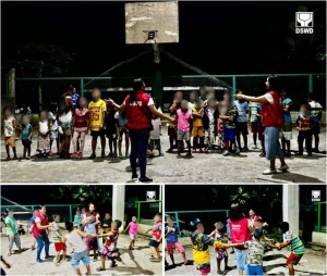 Social workers of the Department of Social Welfare and Development’s (DSWD) Bicol Regional Office facilitate play therapy as part of the psychosocial interventions provided to children evacuees affected by the armed conflict in Jovellar, Albay.