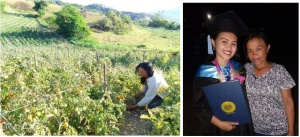 Photo 1: Margie tends to her organic garden planted with a variety of fruits, vegetables, and herbs. This serves as one of their sources of income. Photo 2: Margie proudly accompanies her second child, Florissa, during the latter's graduation ceremony.