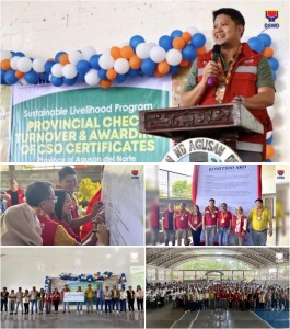 Department of Social Welfare and Development Assistant Secretary for Specialized Programs Florentino Loyola Jr. leads the turnover of over Php7.6-million seed capital fund to 25 livelihood associations in Agusan del Norte on Friday (April 5). The financial aid granted under the agency’s Sustainable Livelihood Program (SLP) will be utilized as start-up capitalization of the local organizations for them to achieve a stable and sustainable livelihood that will lead to an improved living conditions for their members.