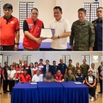 Department of Social Welfare and Development (DSWD) Asst. Secretary for Inclusive-Sustainable Peace and Special Concerns (ISPSC) Arnel Garcia, together with DSWD Field Office V Regional Director Norman Laurio, AFP 903rd Brigade Commander BGen Jose Ricky Laniog and Police Regional Director Colonel Dionesio Laceda, awards the Certificate of Appreciation to provincial Administrator Eric Ravanilla, who represented Sorsogon Governor Jose Edwin B. Hamor.