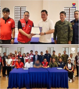 Department of Social Welfare and Development (DSWD) Asst. Secretary for Inclusive-Sustainable Peace and Special Concerns (ISPSC) Arnel Garcia, together with DSWD Field Office V Regional Director Norman Laurio, AFP 903rd Brigade Commander BGen Jose Ricky Laniog and Police Regional Director Colonel Dionesio Laceda, awards the Certificate of Appreciation to provincial Administrator Eric Ravanilla, who represented Sorsogon Governor Jose Edwin B. Hamor.