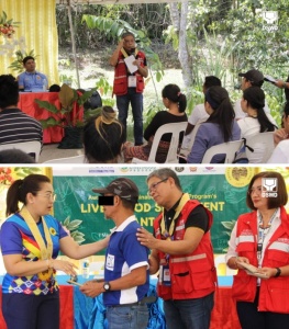 Department of Social Welfare and Development (DSWD) Undersecretary for Inclusive-Sustainable Peace and Special Concerns Alan Tanjusay, joined by Davao de Oro Governor Dorothy P. Montejo-Gonzaga, hands over the livelihood assistance to one of the former rebels. Usec. Tanjusay also met with the beneficiaries after the distribution of livelihood grants.